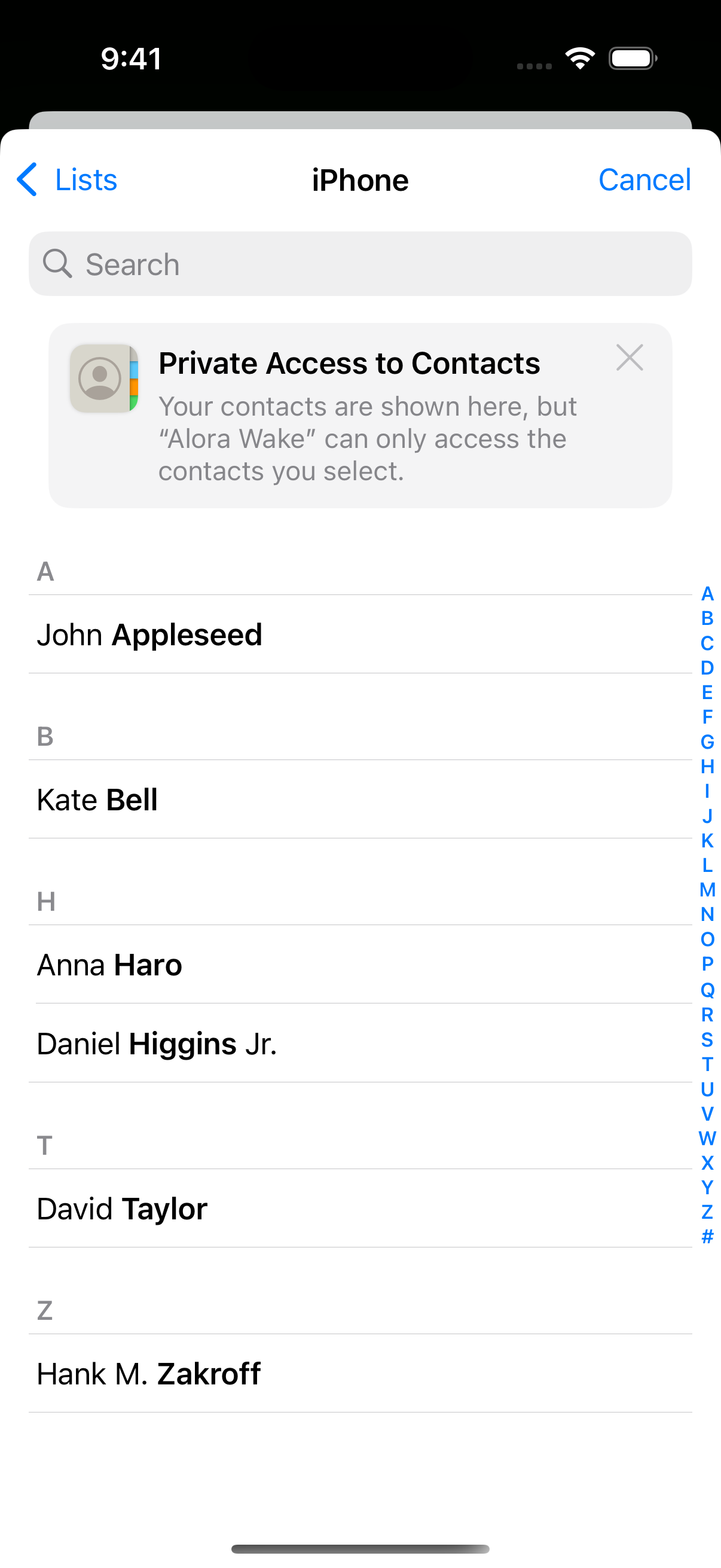 iOS contact picker for selecting backup contact