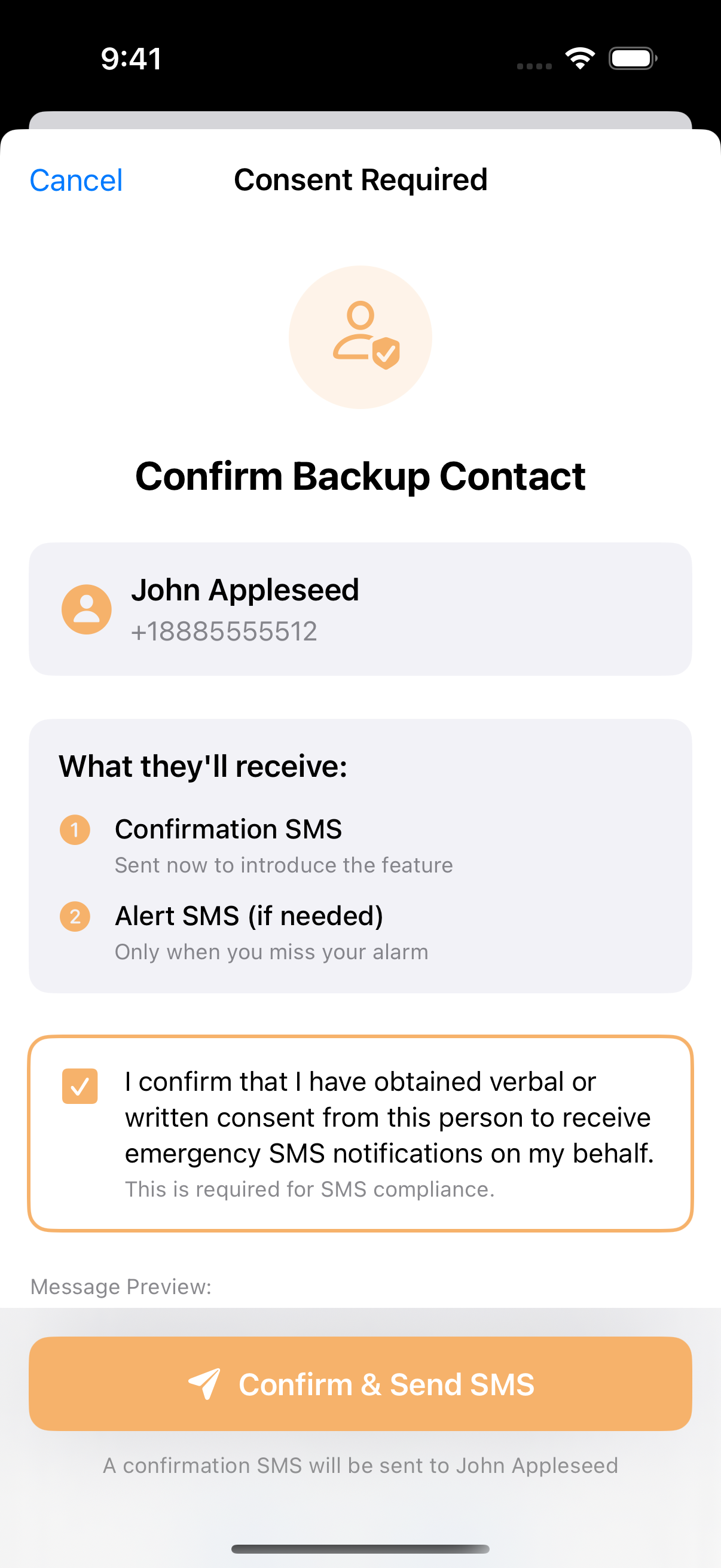 Consent screen with checked checkbox and enabled orange button