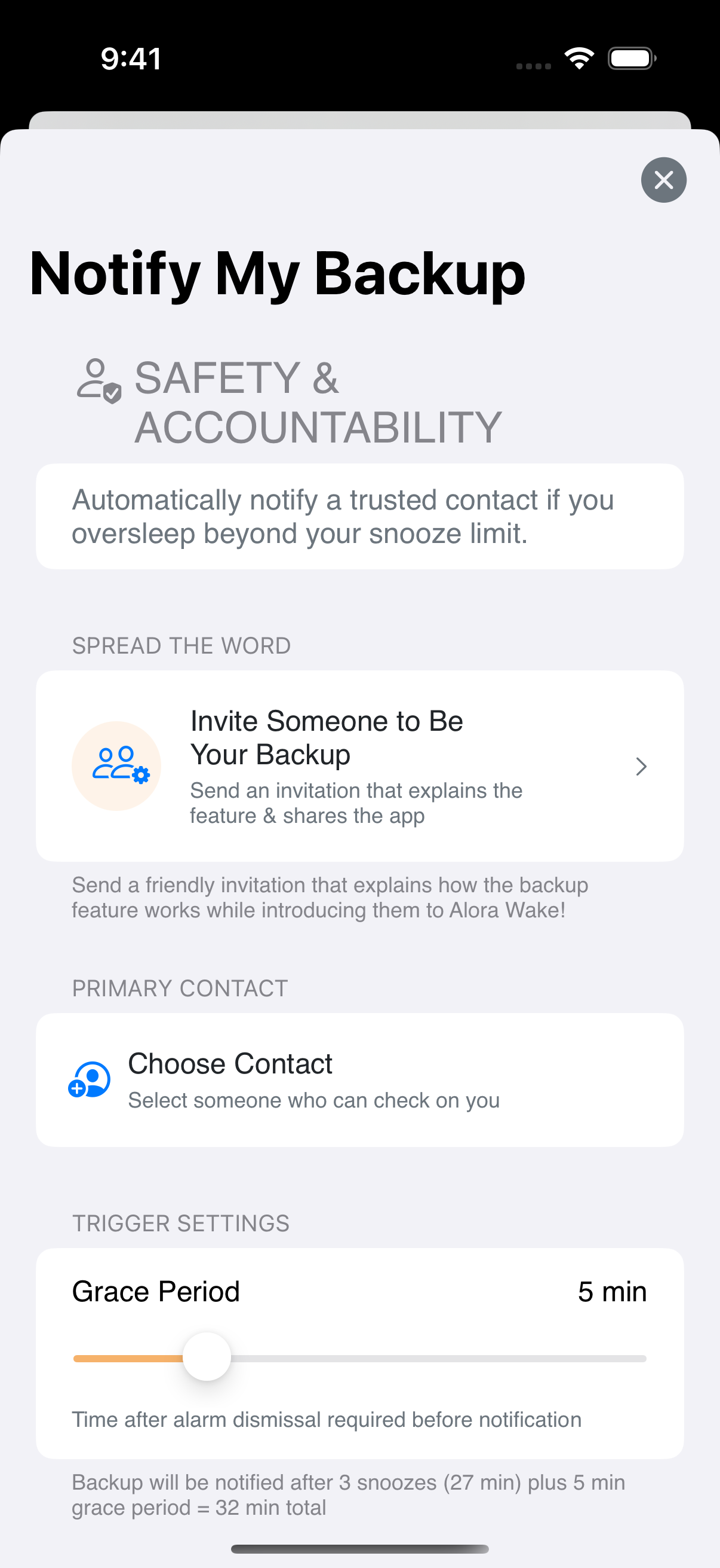 The Notify My Backup settings screen with a Choose Contact row and a grace period slider