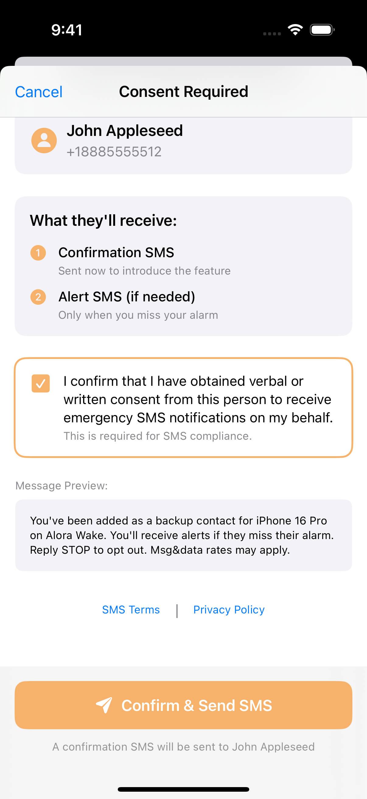 The consent screen scrolled to the message preview, showing the exact confirmation text and links to SMS Terms and Privacy Policy